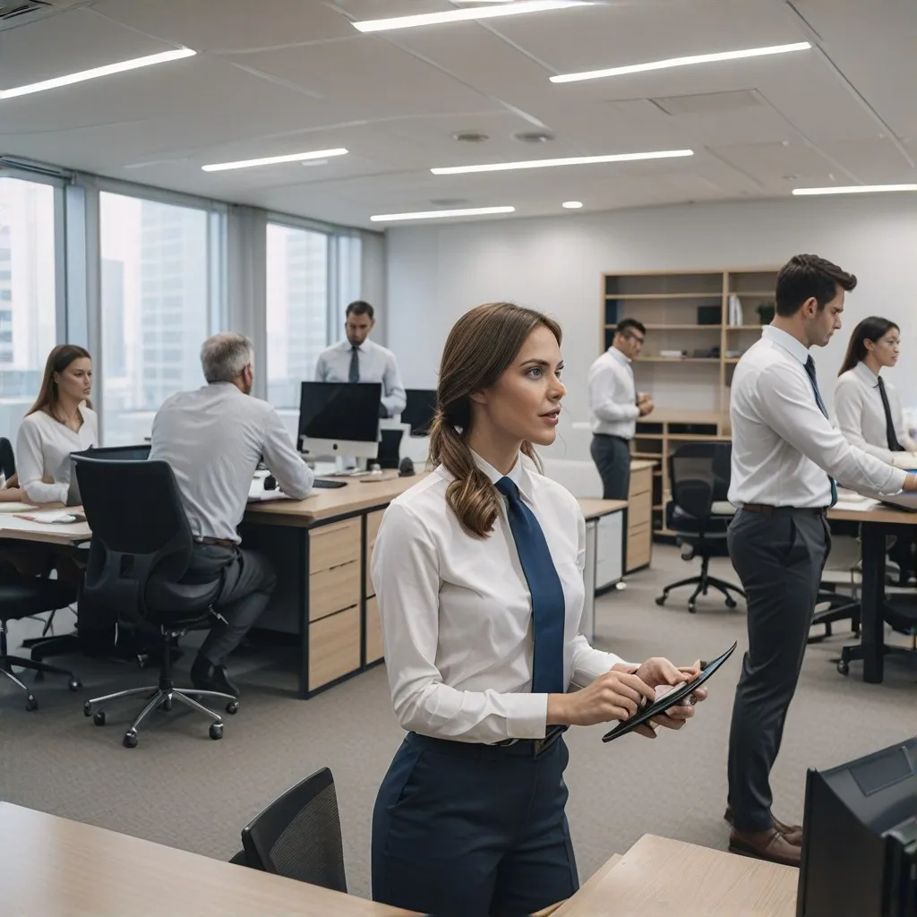 The image should depict a diverse group of satisfied clients engaging with a professional accountant in an office setting. The scene should convey a sense of trust and satisfaction, highlighting the quality of accounting services provided by fonzobins. Key elements include clients of different backgrounds, a professional accountant, and subtle elements that suggest a modern and efficient workplace, such as a computer, documents, and office accessories, to emphasize the reliability and competence of the services.